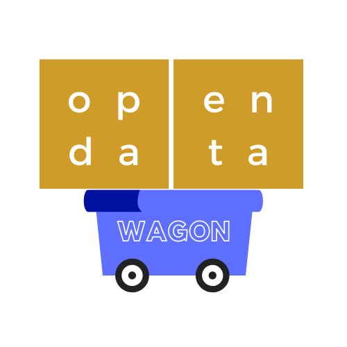 Open Data Wagon Logo - yellow 'open data' text on top of a blue wagon